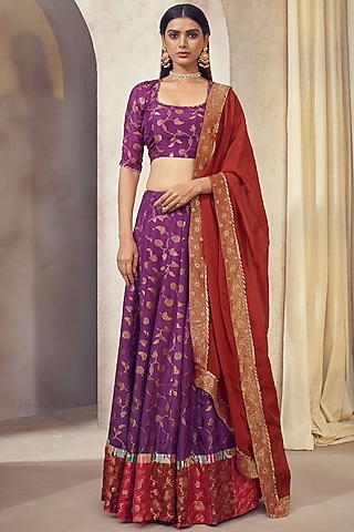 Purple Dolla Silk Jacquard Lehenga Set by Affroz