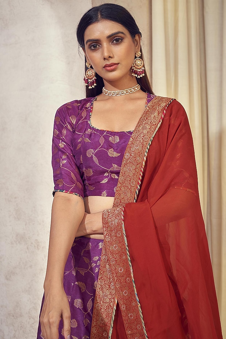 Purple Dolla Silk Jacquard Wedding Lehenga Set by Affroz at Pernia's Pop Up Shop