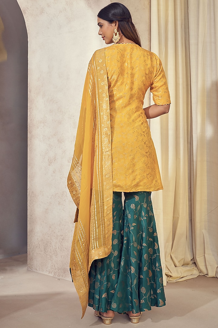 Deep Teal Dolla Silk Jacquard Party Wear Sharara Set by Affroz at Pernia's Pop Up Shop