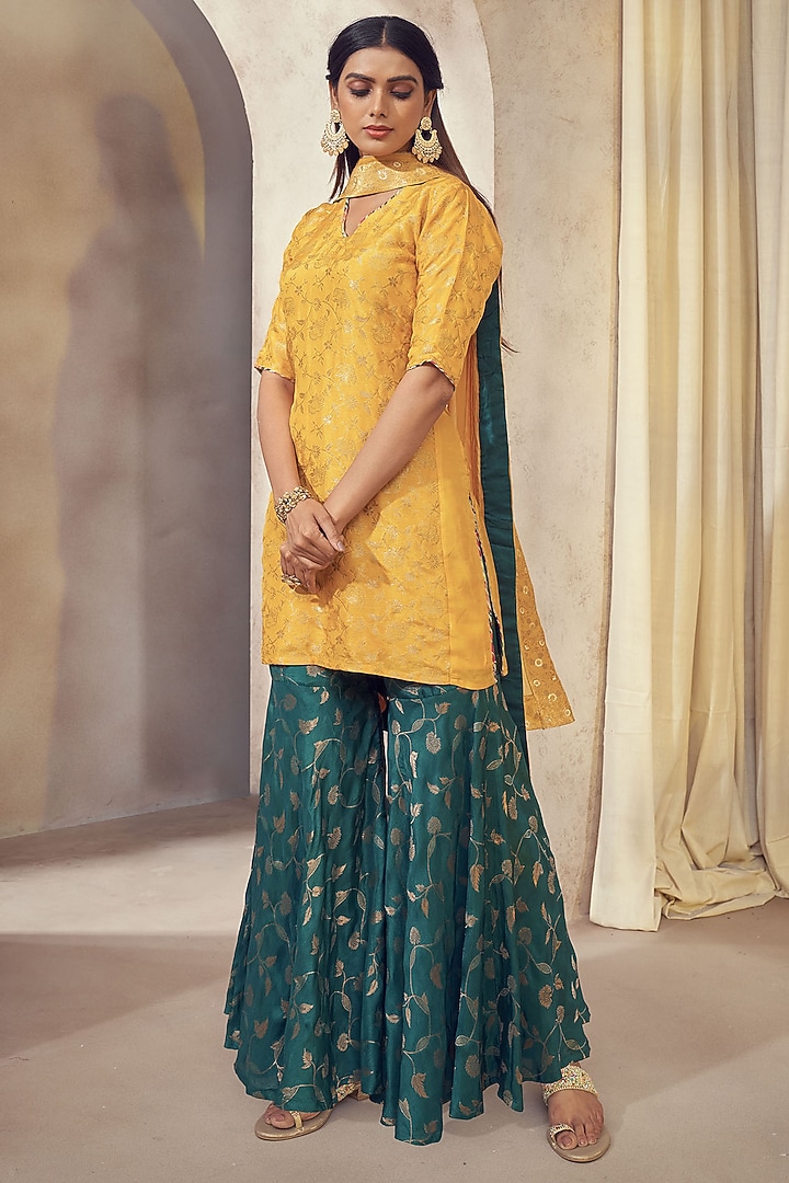 Deep Teal Dolla Silk Jacquard Party Wear Sharara Set by Affroz at Pernia's Pop Up Shop