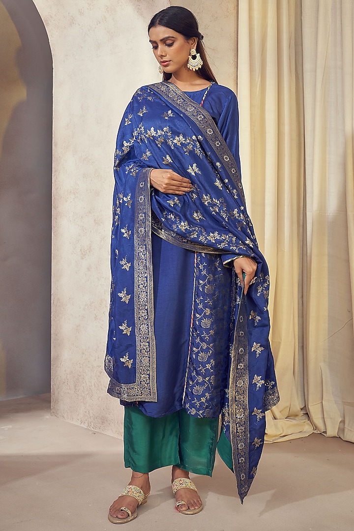 Royal Blue Dolla Silk Jacquard Kurta Set by Affroz