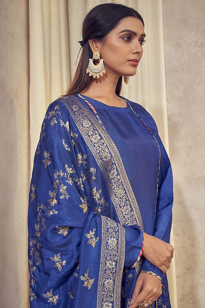 Royal Blue Dolla Silk Jacquard Kurta Set by Affroz at Pernia's Pop Up Shop