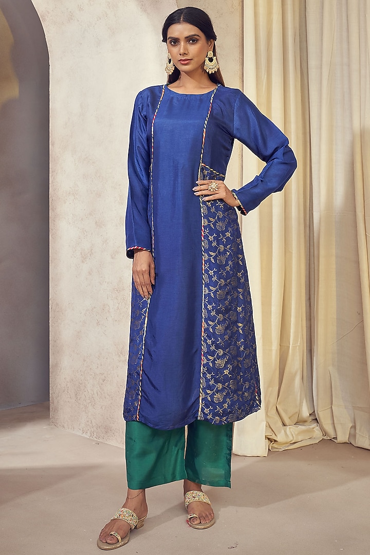 Royal Blue Dolla Silk Jacquard Kurta Set by Affroz at Pernia's Pop Up Shop