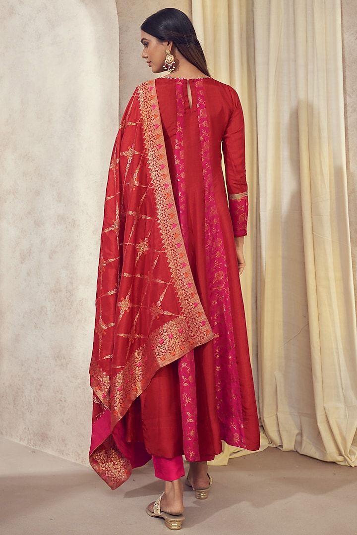 Red Dolla Silk Jacquard Party Wear Anarkali Set by Affroz at Pernia's Pop Up Shop