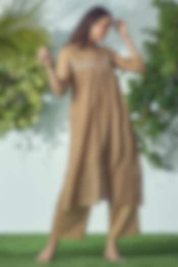 Brown Mal Cotton Thread Embroidered Gathered Kurta Set by Affroz at Pernia's Pop Up Shop