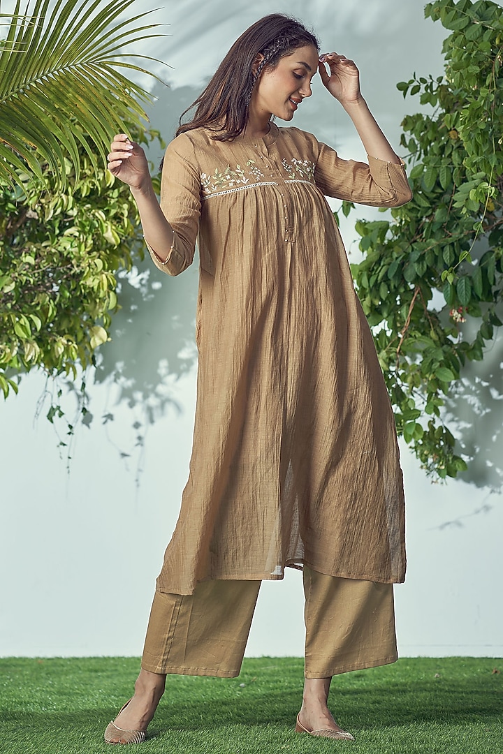 Brown Mal Cotton Thread Embroidered Gathered Kurta Set by Affroz at Pernia's Pop Up Shop