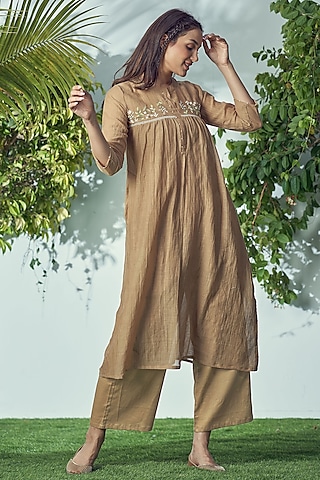 Brown Mal Cotton Thread Embroidered Gathered Kurta Set by Affroz