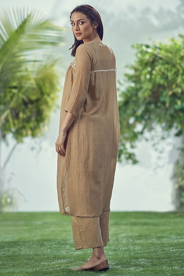 Brown Mal Cotton Thread Embroidered Gathered Kurta Set by Affroz at Pernia's Pop Up Shop