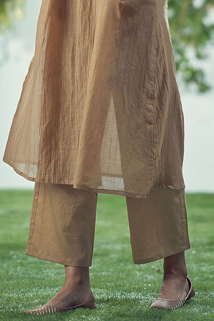 Brown Mal Cotton Thread Embroidered Gathered Kurta Set by Affroz at Pernia's Pop Up Shop