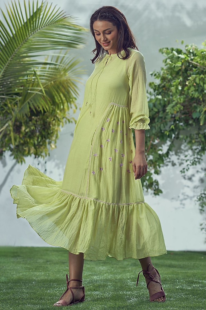 Lime Green Mal Cotton Embroidered Dress by Affroz