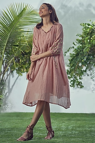 Pink Mal Cotton Embroidered Dress by Affroz