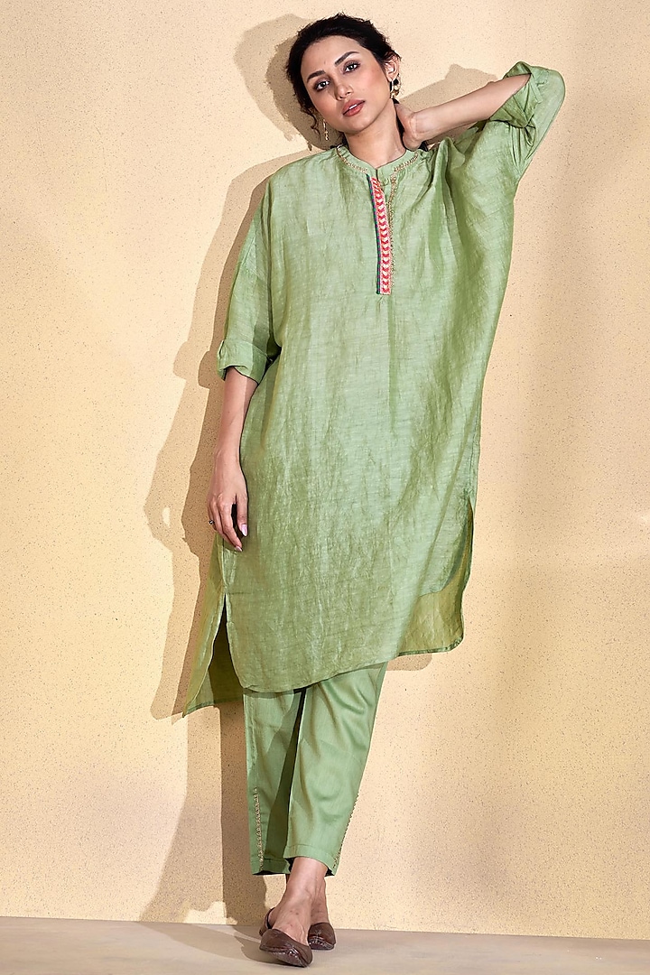 Green Viscose Linen Kimono Kurta Set by Affroz