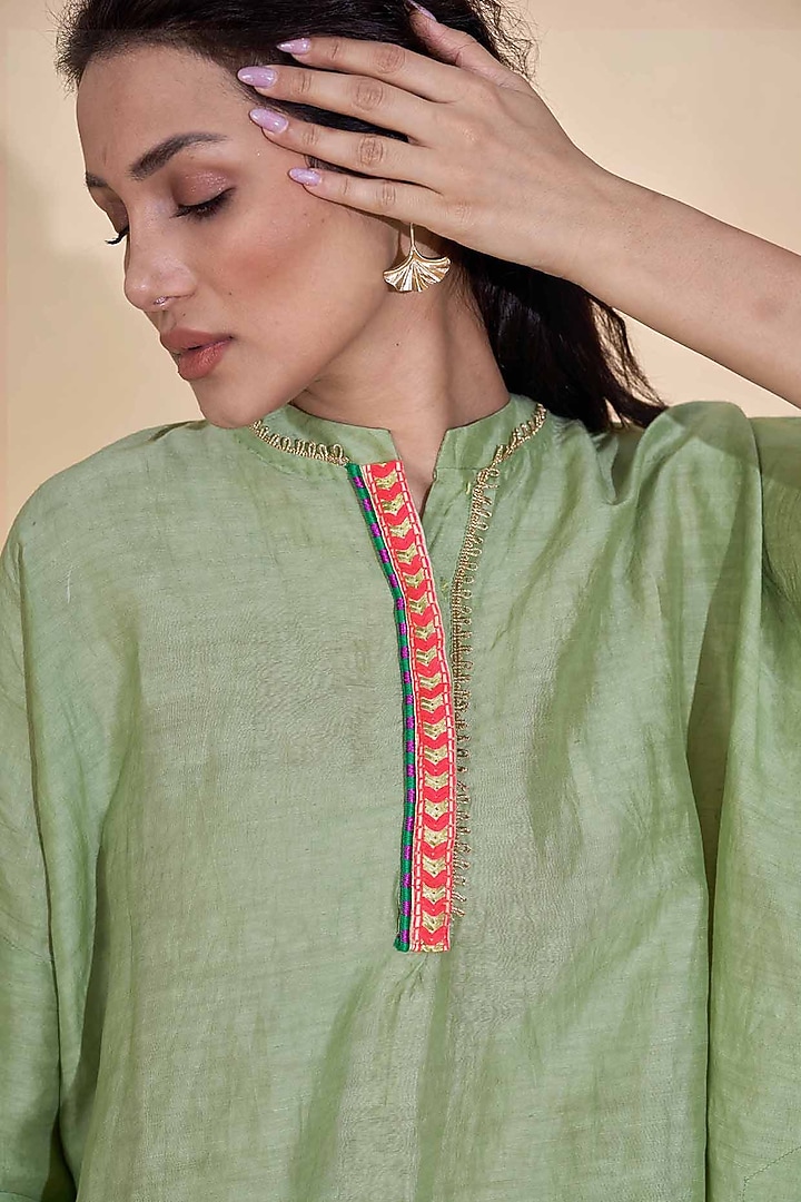Green Viscose Linen Kimono Kurta Set by Affroz at Pernia's Pop Up Shop