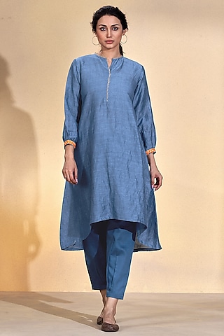 Grey Viscose Linen A-Line Kurta Set by Affroz