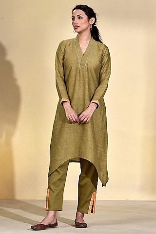 Brown Viscose Linen Asymmetrical Kurta Set by Affroz