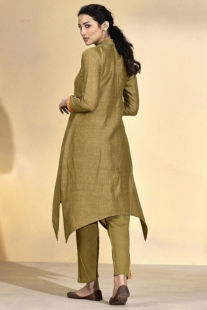 Brown Viscose Linen Asymmetrical Kurta Set by Affroz at Pernia's Pop Up Shop