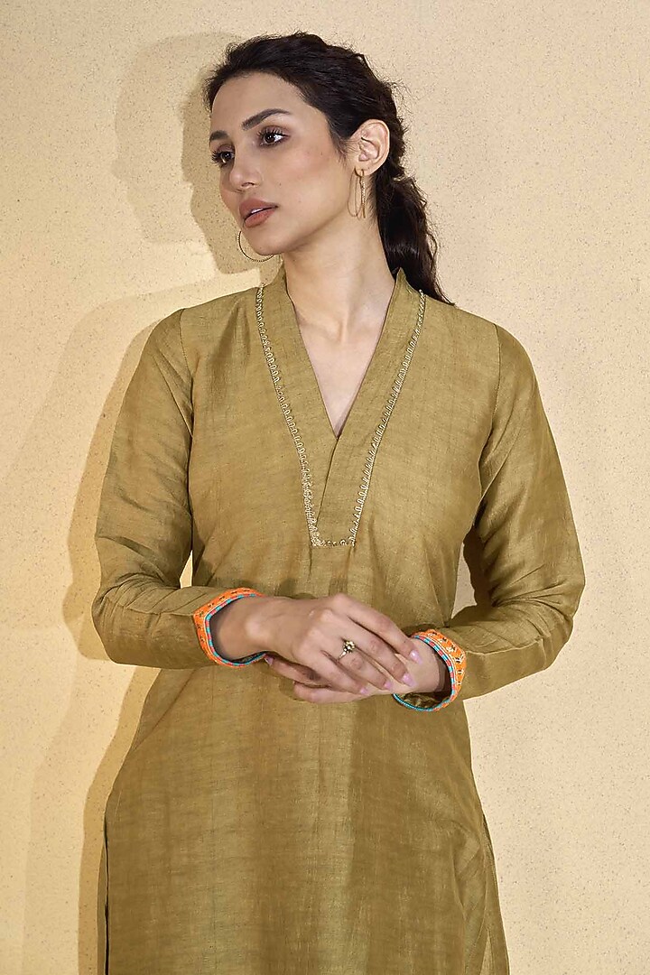 Brown Viscose Linen Asymmetrical Kurta Set by Affroz at Pernia's Pop Up Shop