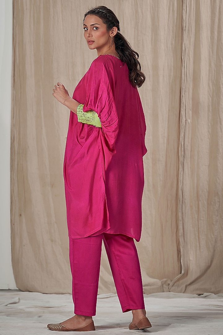 Hot Pink Muslin Silk Embroidered Kurta Set by Affroz at Pernia's Pop Up Shop