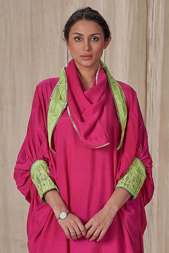 Hot Pink Muslin Silk Embroidered Kurta Set by Affroz at Pernia's Pop Up Shop