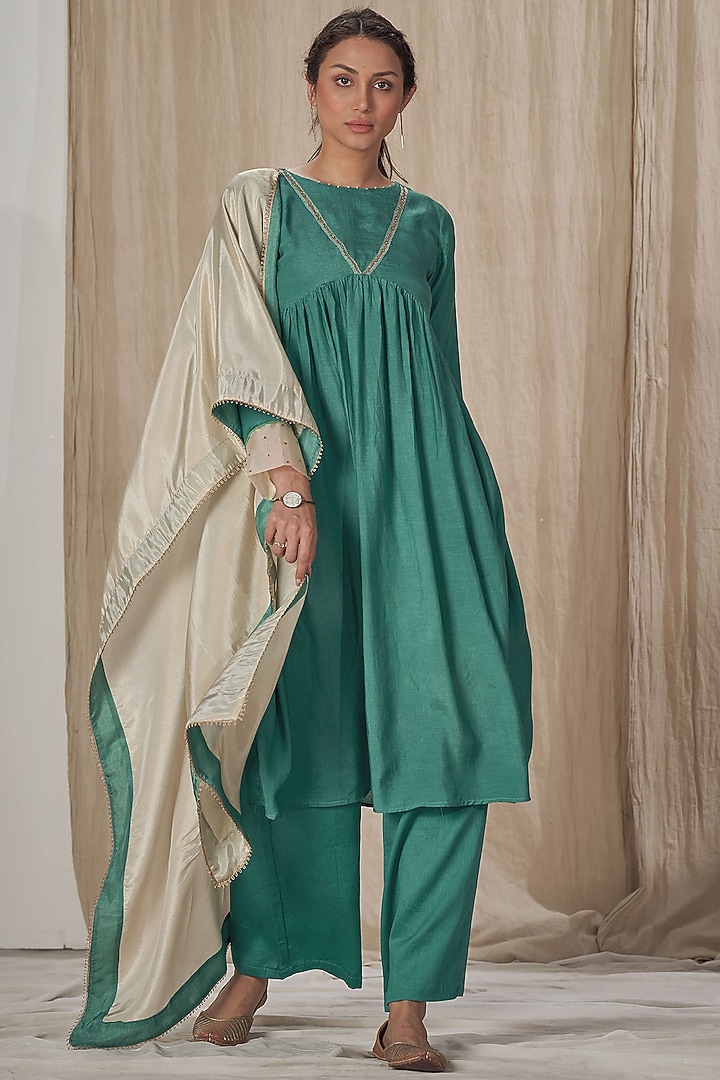 Teal Muslin Silk Embroidered Kurta Set by Affroz at Pernia's Pop Up Shop