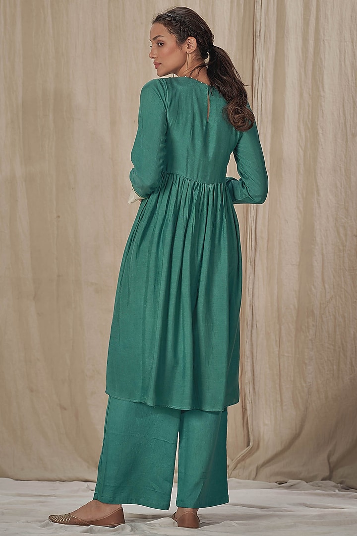 Teal Muslin Silk Embroidered Kurta Set by Affroz at Pernia's Pop Up Shop