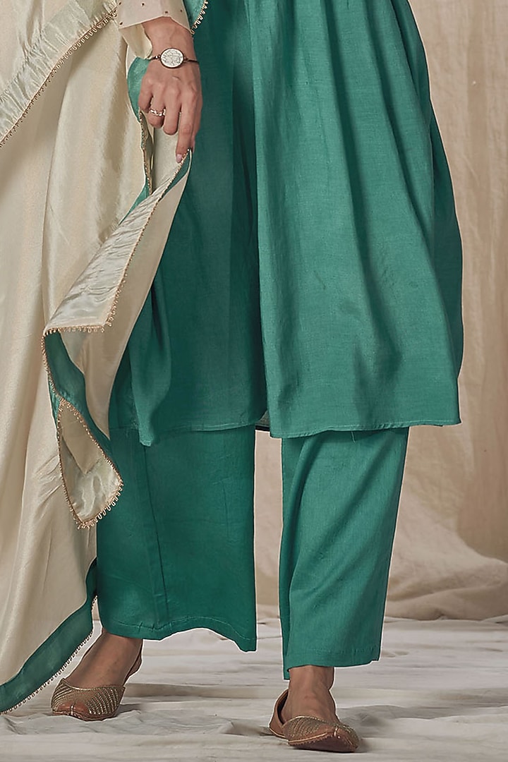 Teal Muslin Silk Embroidered Kurta Set by Affroz at Pernia's Pop Up Shop