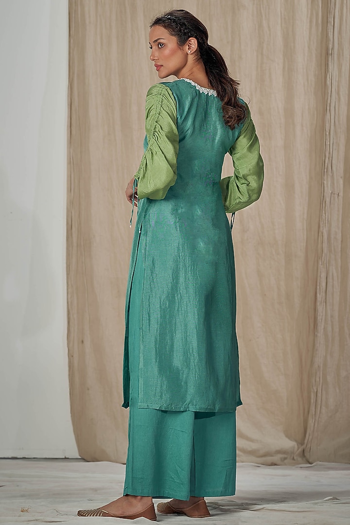 Teal Blue Silk Embroidered Straight Kurta Set by Affroz at Pernia's Pop Up Shop