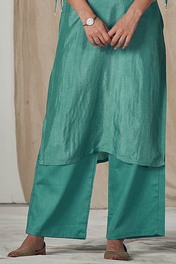 Teal Blue Silk Embroidered Straight Kurta Set by Affroz at Pernia's Pop Up Shop