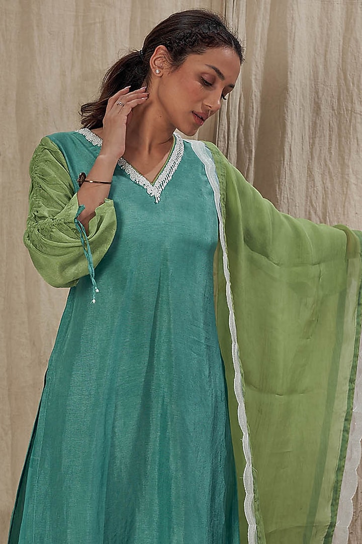 Teal Blue Silk Embroidered Straight Kurta Set by Affroz at Pernia's Pop Up Shop