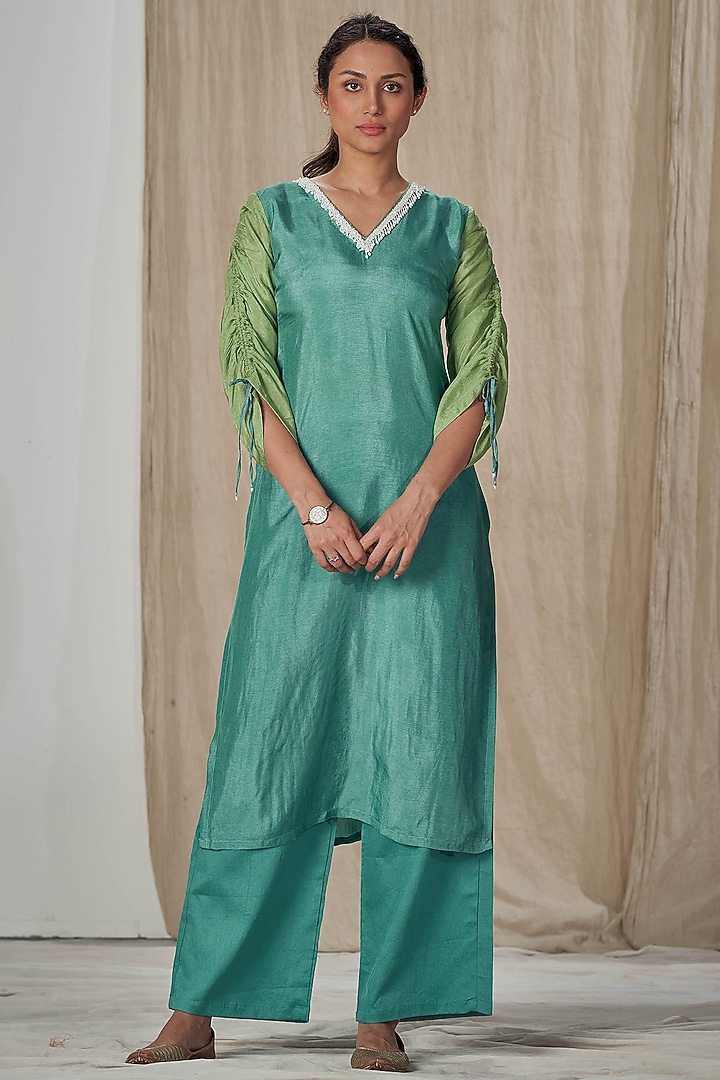 Teal Blue Silk Embroidered Straight Kurta Set by Affroz at Pernia's Pop Up Shop