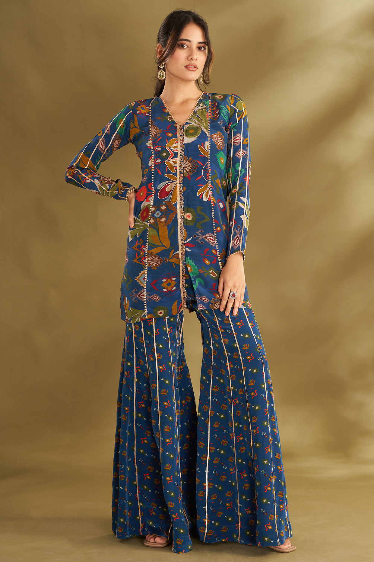 Royal Blue Natural Crepe Paneled Party Wear Sharara Set by Affroz at Pernia's Pop Up Shop