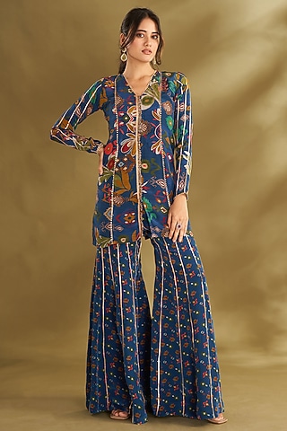 Royal Blue Natural Crepe Paneled Sharara Set by Affroz