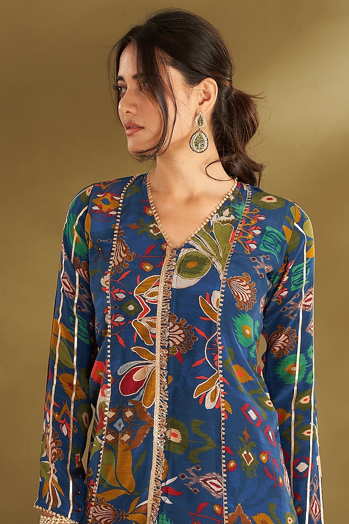 Royal Blue Natural Crepe Paneled Party Wear Sharara Set by Affroz at Pernia's Pop Up Shop