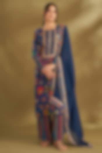 Royal Blue Natural Crepe Ikat Digital Printed & Embroidered Kurta Set by Affroz at Pernia's Pop Up Shop