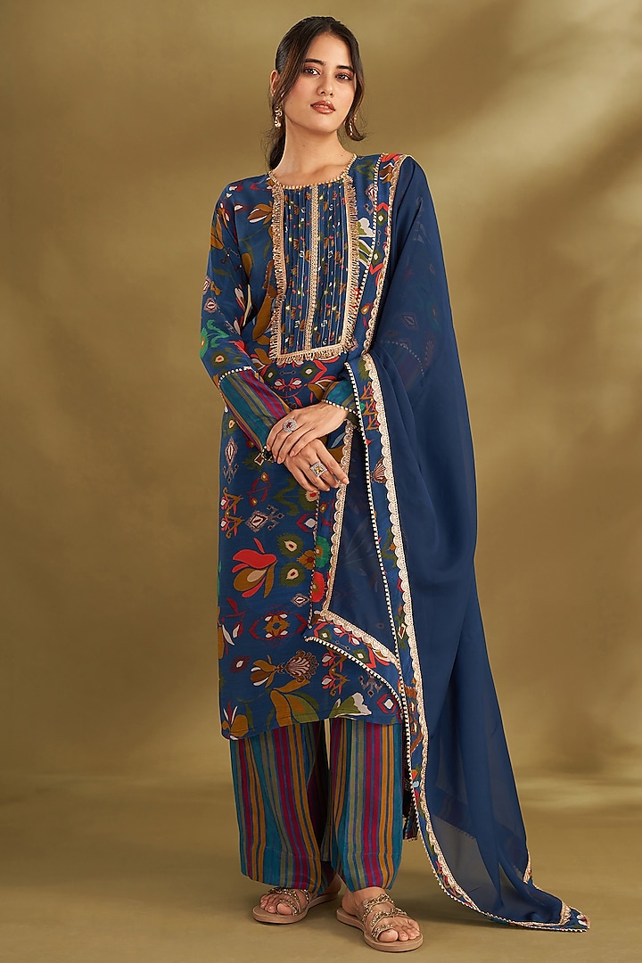 Royal Blue Natural Crepe Ikat Digital Printed & Embroidered Kurta Set by Affroz at Pernia's Pop Up Shop