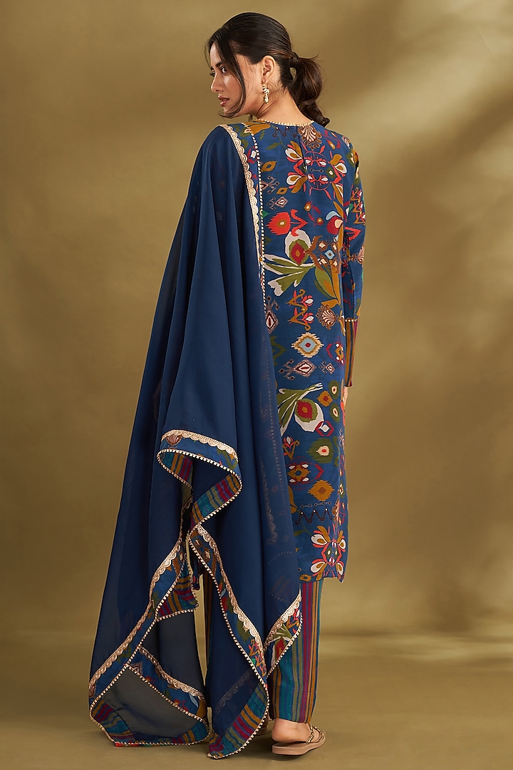 Royal Blue Natural Crepe Ikat Digital Printed & Embroidered Kurta Set by Affroz at Pernia's Pop Up Shop