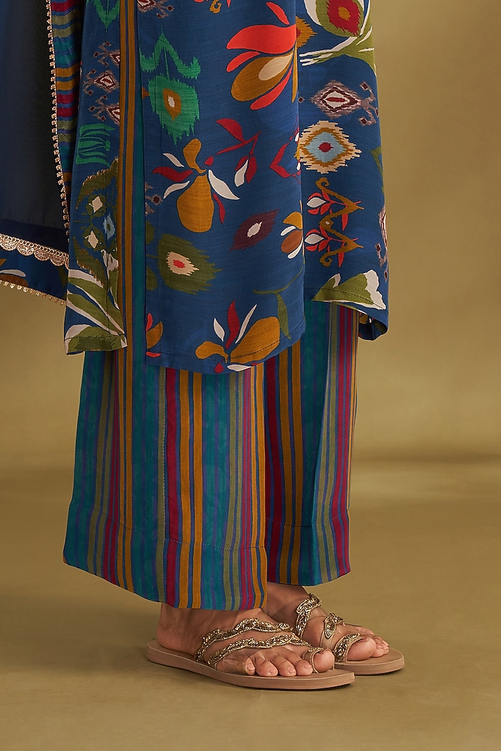 Royal Blue Natural Crepe Ikat Digital Printed & Embroidered Kurta Set by Affroz at Pernia's Pop Up Shop