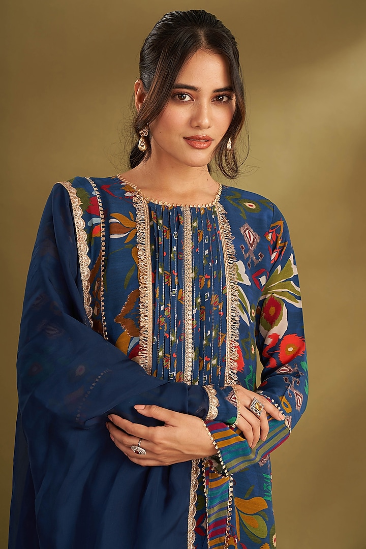 Royal Blue Natural Crepe Ikat Digital Printed & Embroidered Kurta Set by Affroz at Pernia's Pop Up Shop