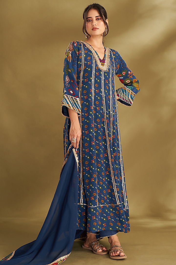 Royal Blue Natural Crepe Ikat Printed & Embroidered Anarkali Set by Affroz