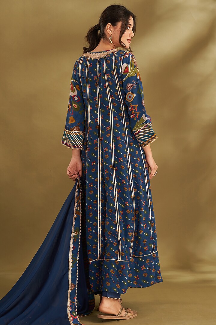Royal Blue Natural Crepe Ikat Printed & Embroidered Party Wear Anarkali Set by Affroz at Pernia's Pop Up Shop
