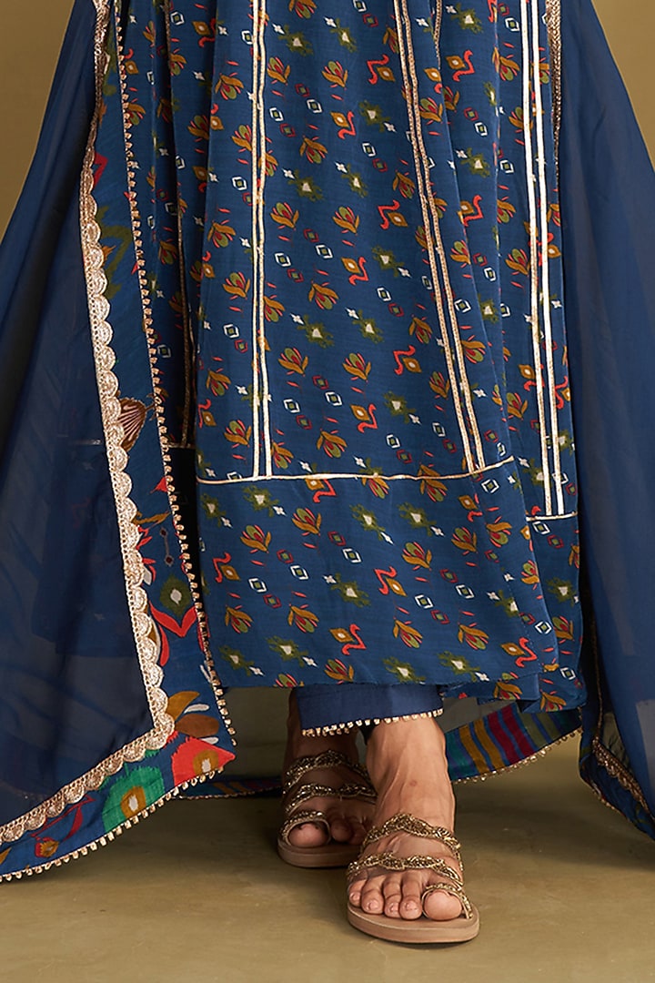 Royal Blue Natural Crepe Ikat Printed & Embroidered Party Wear Anarkali Set by Affroz at Pernia's Pop Up Shop