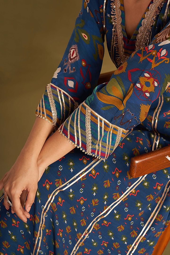 Royal Blue Natural Crepe Ikat Printed & Embroidered Party Wear Anarkali Set by Affroz at Pernia's Pop Up Shop