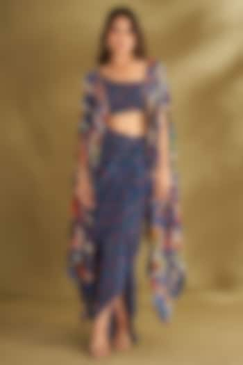 Royal Blue Natural Crepe Butta Printed Draped Skirt Set by Affroz at Pernia's Pop Up Shop