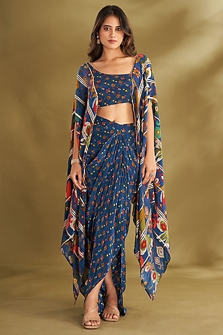 Royal Blue Natural Crepe Butta Printed Draped Skirt Set by Affroz