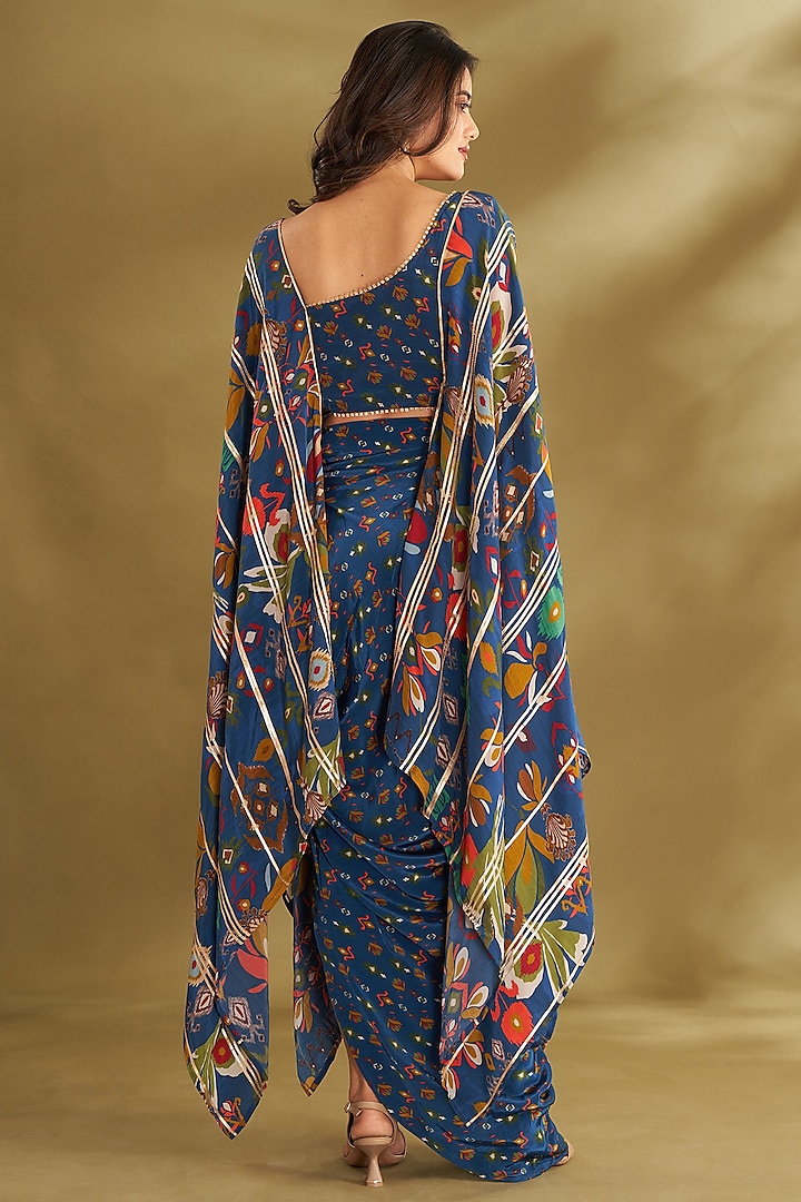 Royal Blue Natural Crepe Butta Printed Draped Skirt Set by Affroz at Pernia's Pop Up Shop