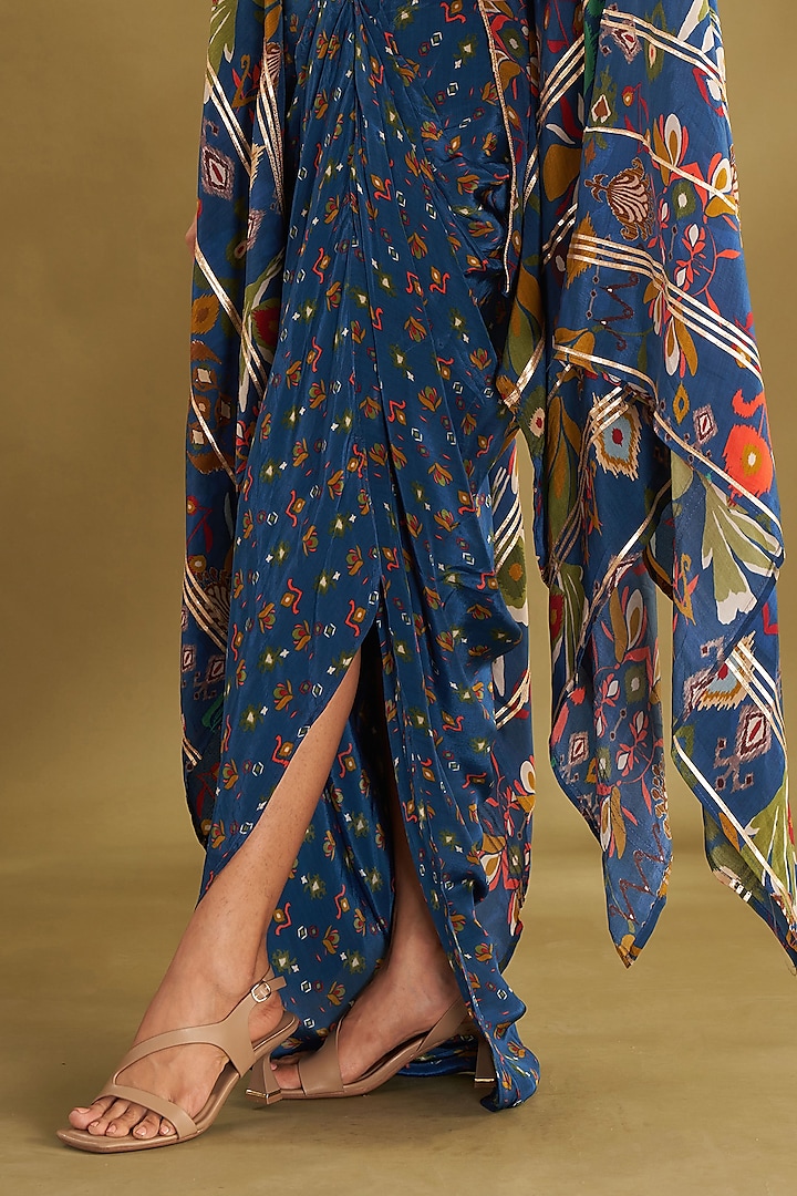 Royal Blue Natural Crepe Butta Printed Draped Skirt Set by Affroz at Pernia's Pop Up Shop
