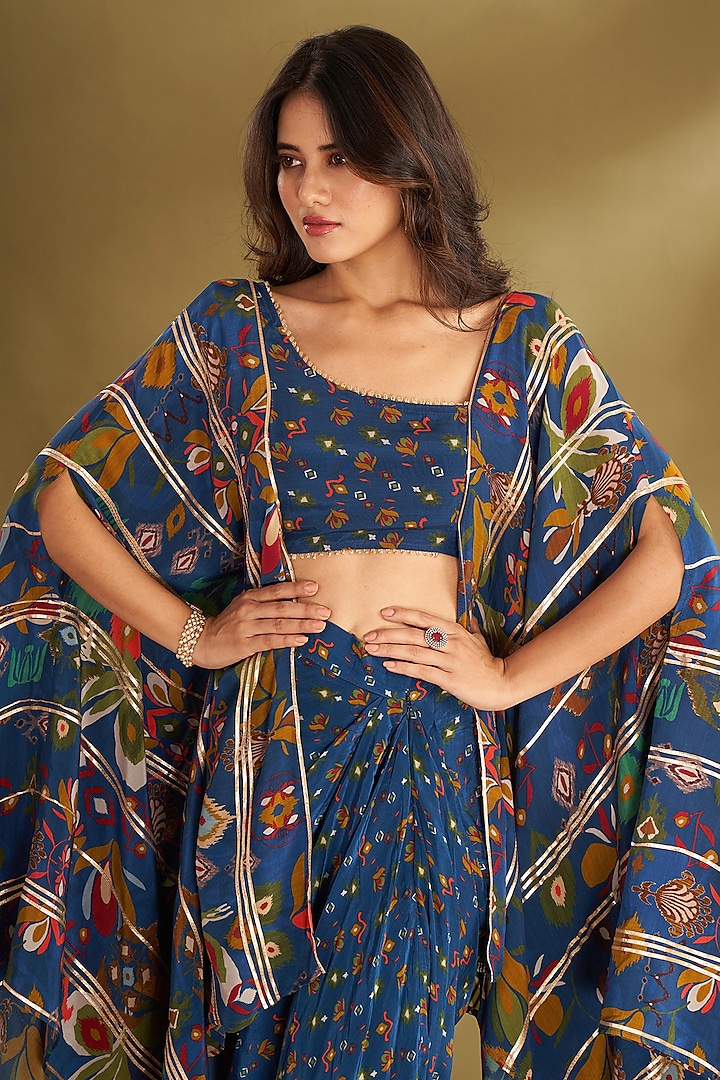 Royal Blue Natural Crepe Butta Printed Draped Skirt Set by Affroz at Pernia's Pop Up Shop