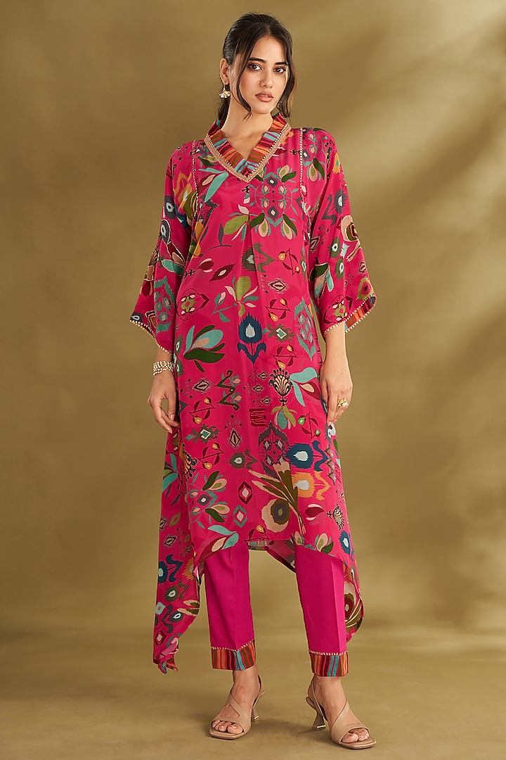 Hot Pink Natural Crepe Digital Printed & Embroidered Kurta Set by Affroz at Pernia's Pop Up Shop