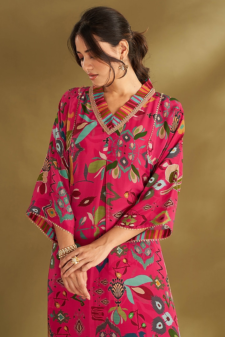 Hot Pink Natural Crepe Digital Printed & Embroidered Kurta Set by Affroz at Pernia's Pop Up Shop