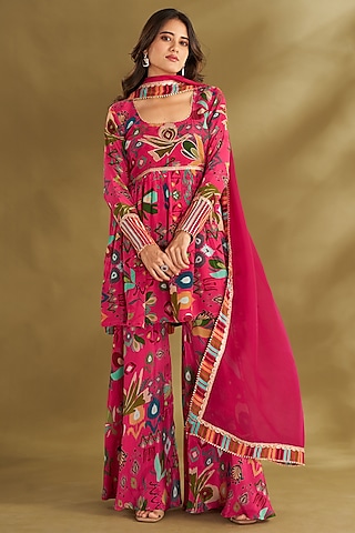 Hot Pink Natural Crepe Ikat Digital Printed Sharara Set by Affroz